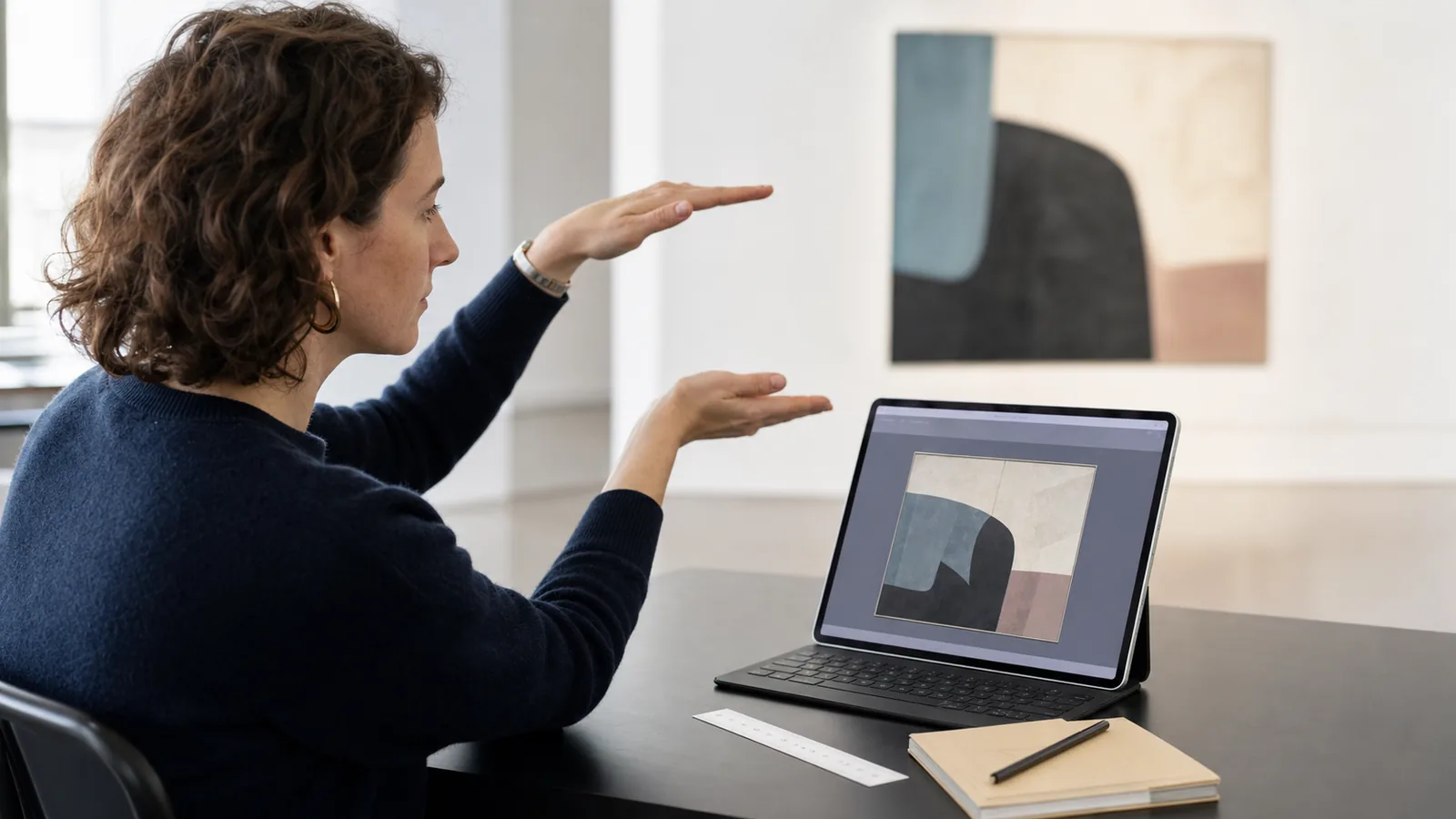 Museumbezoeker vergelijkt de afmetingen van een digitaal getoond kunstwerk met de ruimte
