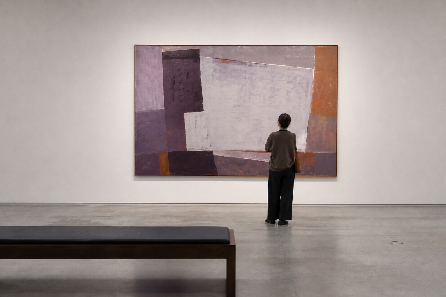 Bezoeker bekijkt rustig een groot abstract schilderij in een stille museumzaal