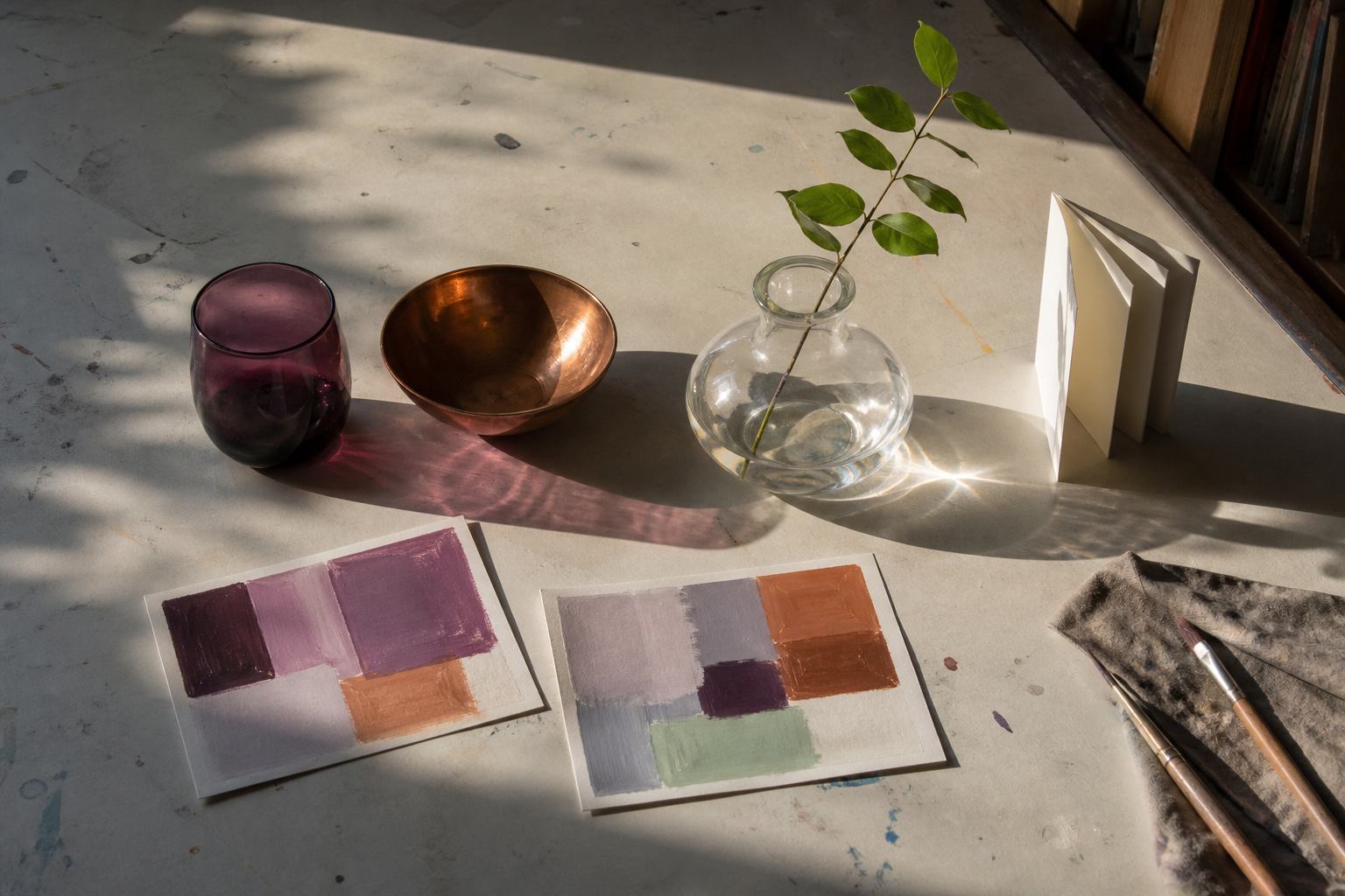 Glas, een koperen schaal en kleurstudies werpen schaduwen op een werktafel